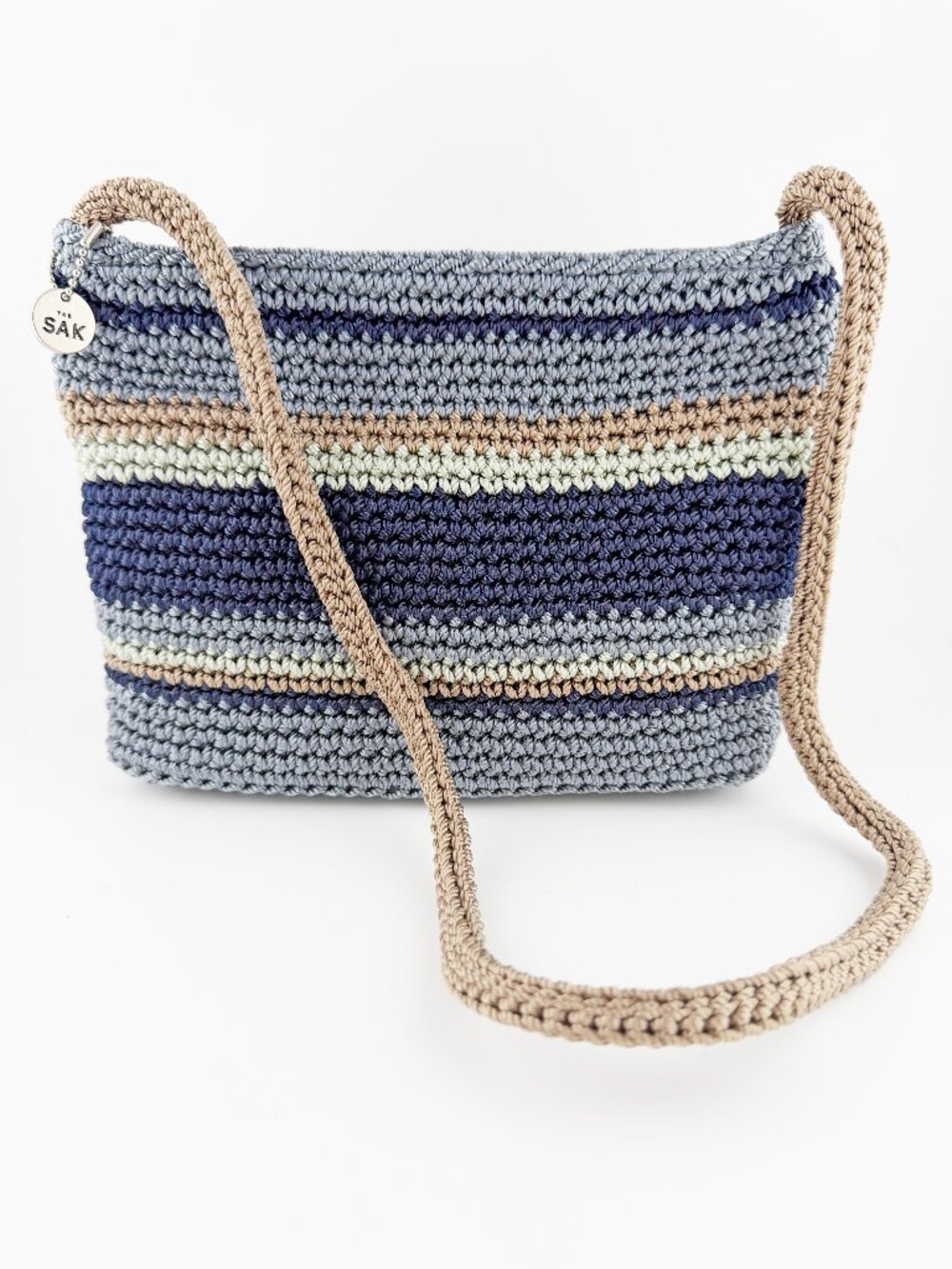 The Sak Hand Crochet Striped Shoulder Bag - VTG Boho Blue Grey Tan Y2K